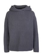 Woman Hooded Sweater In Dark Grey Ribbed Cashmere Fedeli Woman Hooded Sweater In Dark Grey Ribbed Cashmere - Dust grey