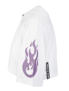 White Cropped Woman T-shirt With Glitter Purple Flame Vision of Super White Cropped Woman T-shirt With Glitter Purple Flame - White/glitter