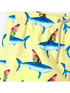 Shark Print And Colored Fin Boy Swim Trunks MC2 Saint Barth Shark Print And Colored Fin Boy Swim Trunks