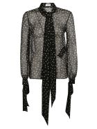 Saint Laurent Dotted Print Scarf & Bow Detail See-through Blouse Saint Laurent Dotted Print Scarf & Bow Detail See-through Blouse - Black/Beige