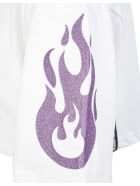 White Cropped Woman T-shirt With Glitter Purple Flame Vision of Super White Cropped Woman T-shirt With Glitter Purple Flame - White/glitter