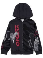 Kenzo Kids Grey Cotton Printed Hoodie With Logo Kenzo Kids Grey Cotton Printed Hoodie With Logo - Grey