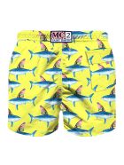 Shark Print And Colored Fin Boy Swim Trunks MC2 Saint Barth Shark Print And Colored Fin Boy Swim Trunks