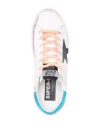 Woman White Super-star Sneakers With Peach Pink Laces, Black Star And Spoiler In Light Blue Fabric Golden Goose Woman White Super-star Sneakers With Peach Pink Laces, Black Star And Spoiler In Light Blue Fabric