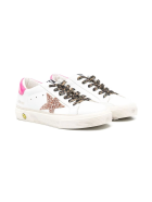 Kid White Super-star Sneakers With Pink Glitter Star And Leopard Laces Golden Goose Kid White Super-star Sneakers With Pink Glitter Star And Leopard Laces - White/fuxia