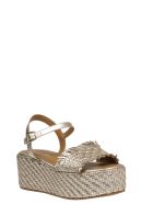 Coral Blue Woven Leather Wedge Sandals Coral Blue Woven Leather Wedge Sandals - Metallic