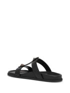 Valentino Garavani Roman Stud Slide Sandals In Black Leather Valentino Garavani Roman Stud Slide Sandals In Black Leather - Black