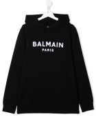 Kids Black Hoodie With White Velvet Logo Balmain Kids Black Hoodie With White Velvet Logo