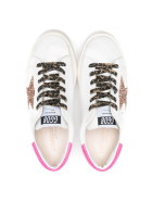 Kid White Super-star Sneakers With Pink Glitter Star And Leopard Laces Golden Goose Kid White Super-star Sneakers With Pink Glitter Star And Leopard Laces - White/fuxia