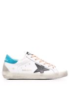 Woman White Super-star Sneakers With Peach Pink Laces, Black Star And Spoiler In Light Blue Fabric Golden Goose Woman White Super-star Sneakers With Peach Pink Laces, Black Star And Spoiler In Light Blue Fabric