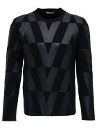 Valentino Black Wool Crew Neck Sweater With Macro Optical Print Valentino Black Wool Crew Neck Sweater With Macro Optical Print - Black