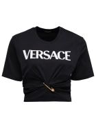 Versace Cropped Cotton T-shirt With Safety Pin Logo Print Versace Cropped Cotton T-shirt With Safety Pin Logo Print - Black