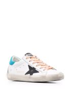 Woman White Super-star Sneakers With Peach Pink Laces, Black Star And Spoiler In Light Blue Fabric Golden Goose Woman White Super-star Sneakers With Peach Pink Laces, Black Star And Spoiler In Light Blue Fabric