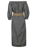 Brunello Cucinelli Stripe Print Off-shoulder Dress Brunello Cucinelli Stripe Print Off-shoulder Dress - BLACK/WHITE