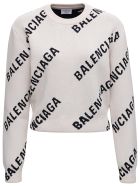 Balenciaga Cotton Crop Sweater With Allover Logo Print Balenciaga Cotton Crop Sweater With Allover Logo Print - White