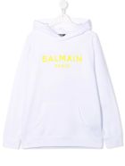 Kids White Hoodie With Yellow Velvet Logo Balmain Kids White Hoodie With Yellow Velvet Logo