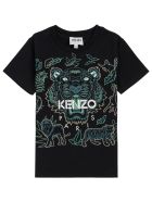 Kenzo Kids Black Cotton T-shirt With Tiger Print Kenzo Kids Black Cotton T-shirt With Tiger Print - Black