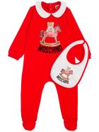 Moschino Red Cotton Romper And Bib Set With Teddy Bear Print Moschino Red Cotton Romper And Bib Set With Teddy Bear Print - Red