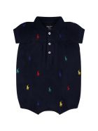 Ralph Lauren Blue Romper For Baby Girl With Pony Logos Ralph Lauren Blue Romper For Baby Girl With Pony Logos - Blue