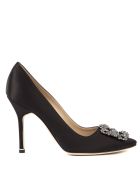 Manolo Blahnik Hangisi Black Satin & Leather Pumps Manolo Blahnik Hangisi Black Satin & Leather Pumps - Black