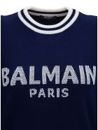 Balmain Knitted Jumper In Cashmere Blend With Logo And Padded Shoulders Balmain Knitted Jumper In Cashmere Blend With Logo And Padded Shoulders - Blu