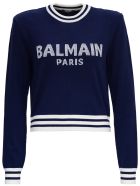 Balmain Knitted Jumper In Cashmere Blend With Logo And Padded Shoulders Balmain Knitted Jumper In Cashmere Blend With Logo And Padded Shoulders - Blu