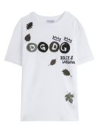 Dolce & Gabbana Jersey T-shirt With Leaves Print And Logo Patch Dolce & Gabbana Jersey T-shirt With Leaves Print And Logo Patch - White
