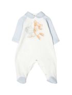 White And Light Blue Romper With Frontal Press Monnalisa White And Light Blue Romper With Frontal Press - Azzurra