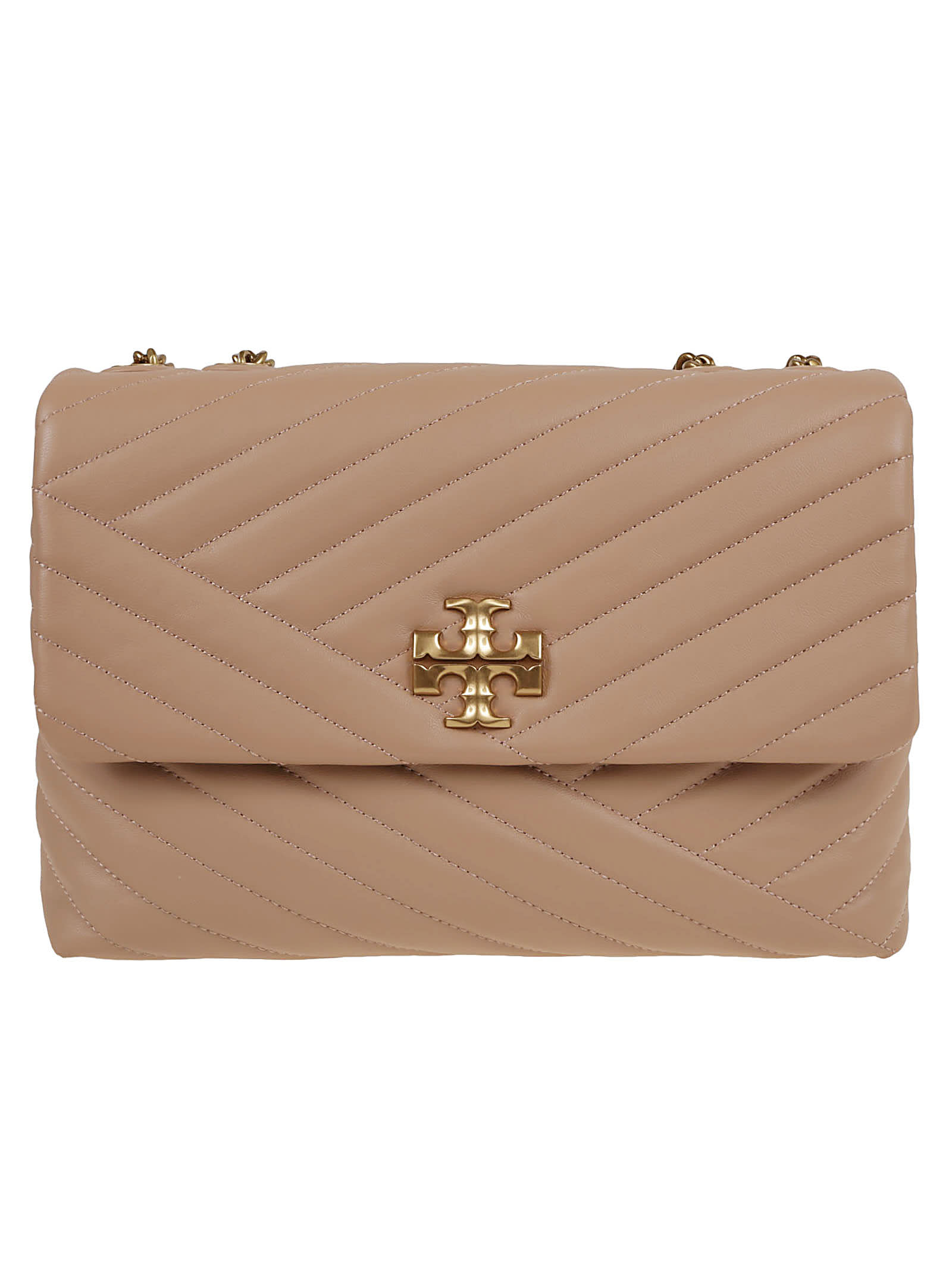 Tory Burch Kira Chevron Quilted Devon Sand Leather Chain Wallet in Natural