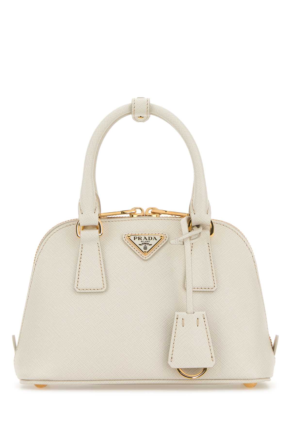 【関税&送料込】Prada White Leather Shopping Bag Prada Logo Printed Leather Zipped Tote Bag (Top Handle Bags