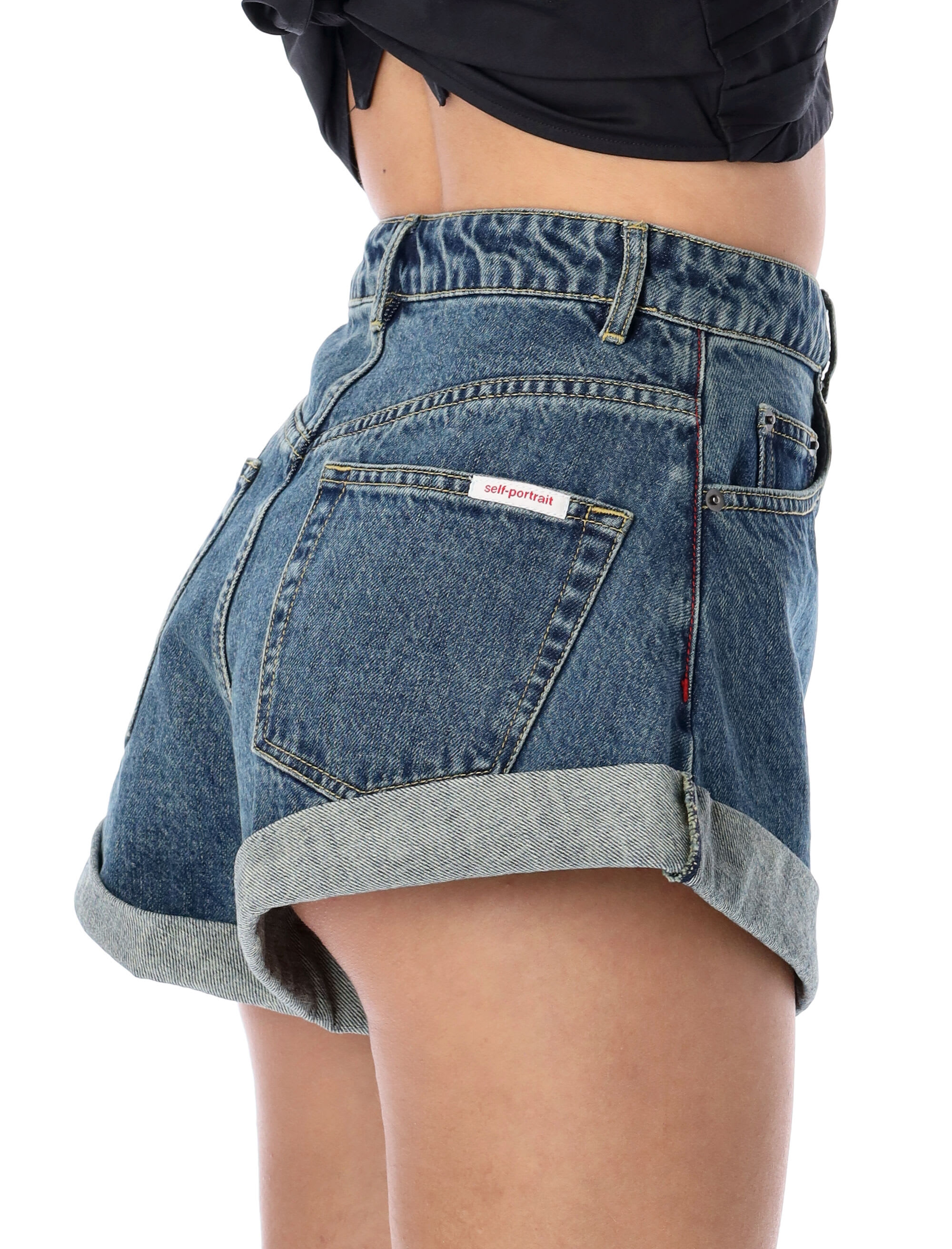 Self-Portrait Blue High Waisted Denim Shorts