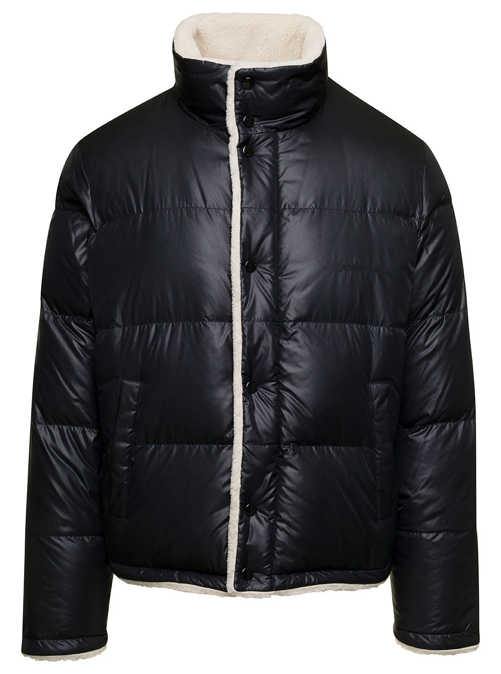 Black Down Jacket With Stand Collar And Logo Embroidery In Nylon Man