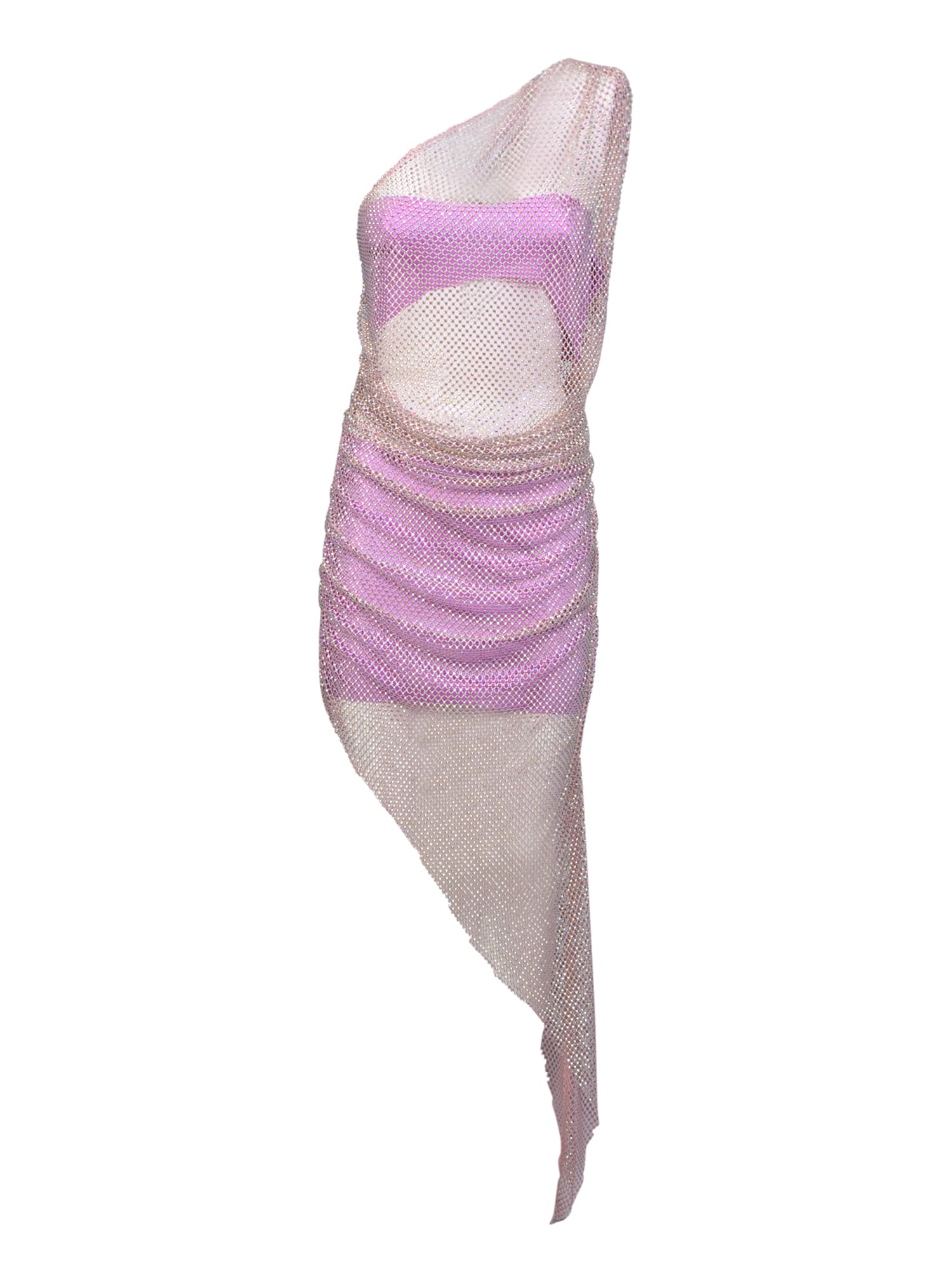 one-shoulder mesh pink dress