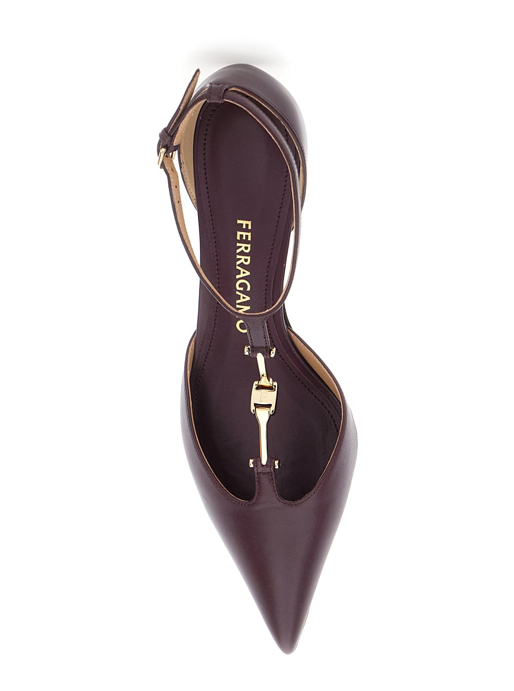 Ferragamo Bordeaux Pumps With T Strap And Low Heel In