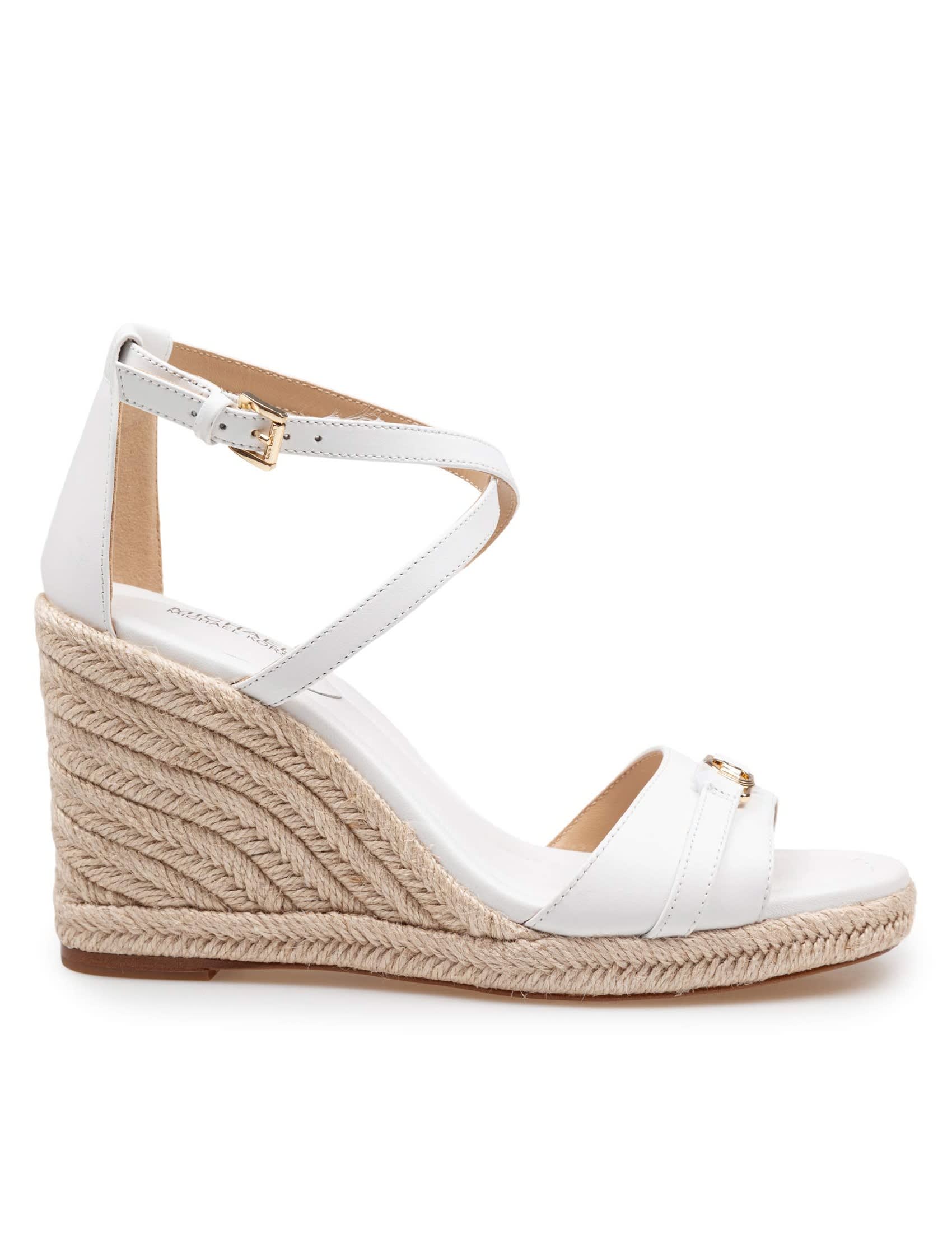 【送料&関税込】Michael Kors Mandy Wedge Sandal In White Lea Michael Kors Mandy Wedge Sandal In White Leather With Jute