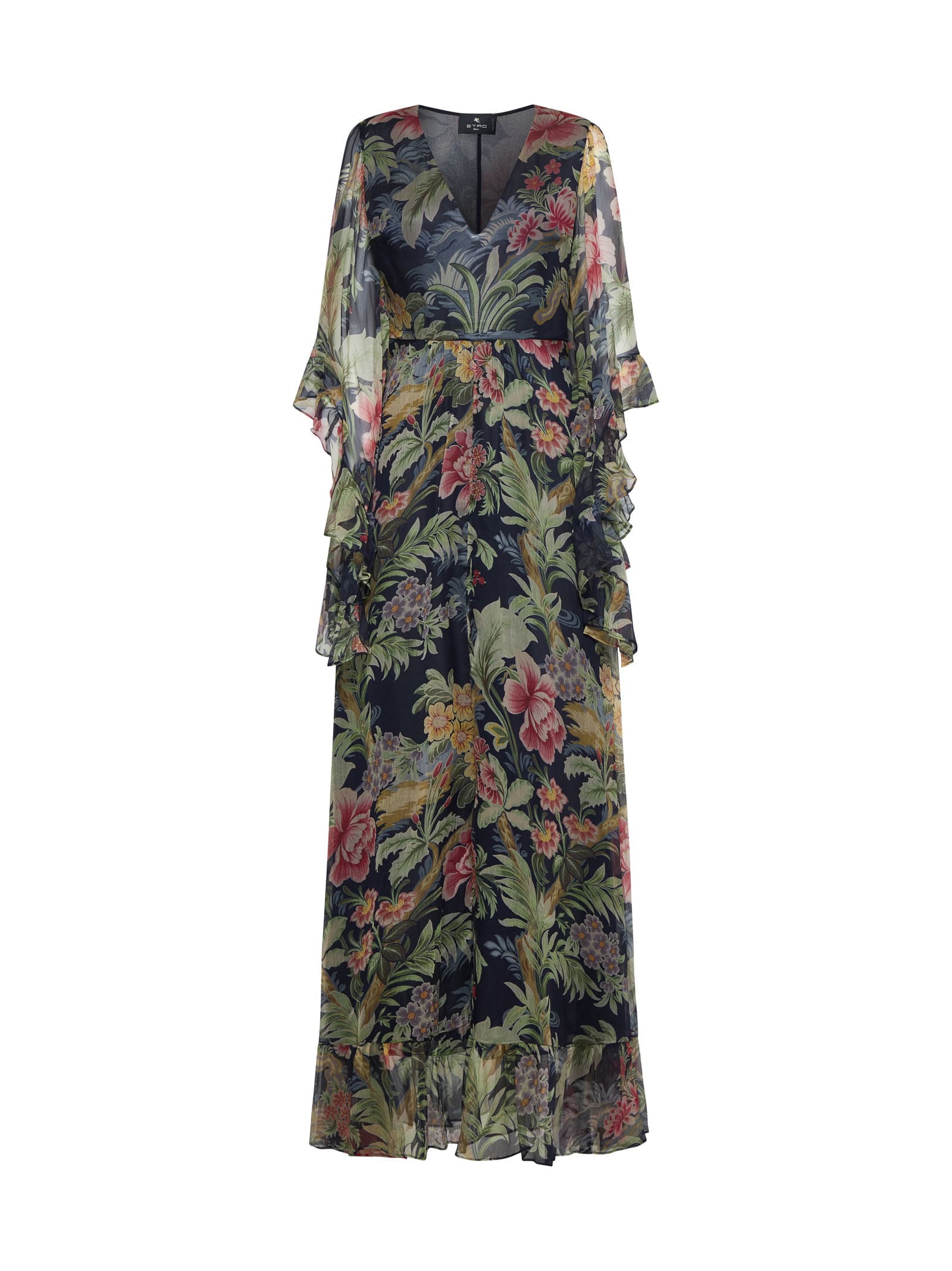 navy blue printed silk maxi dress