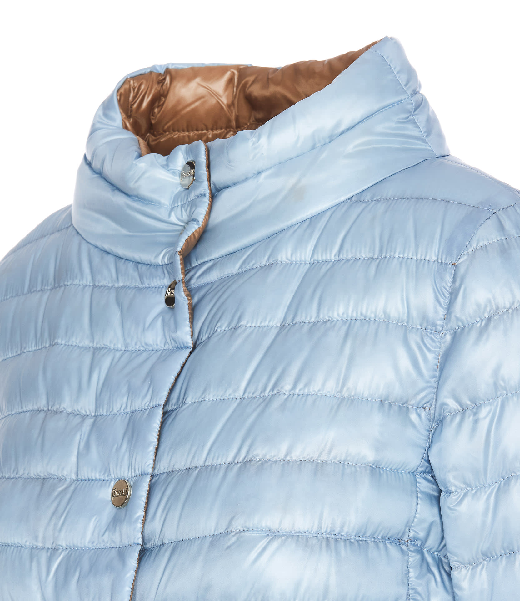 HERNO Light Blue And Brown Down Jacket With Branded Buttons In Polyami