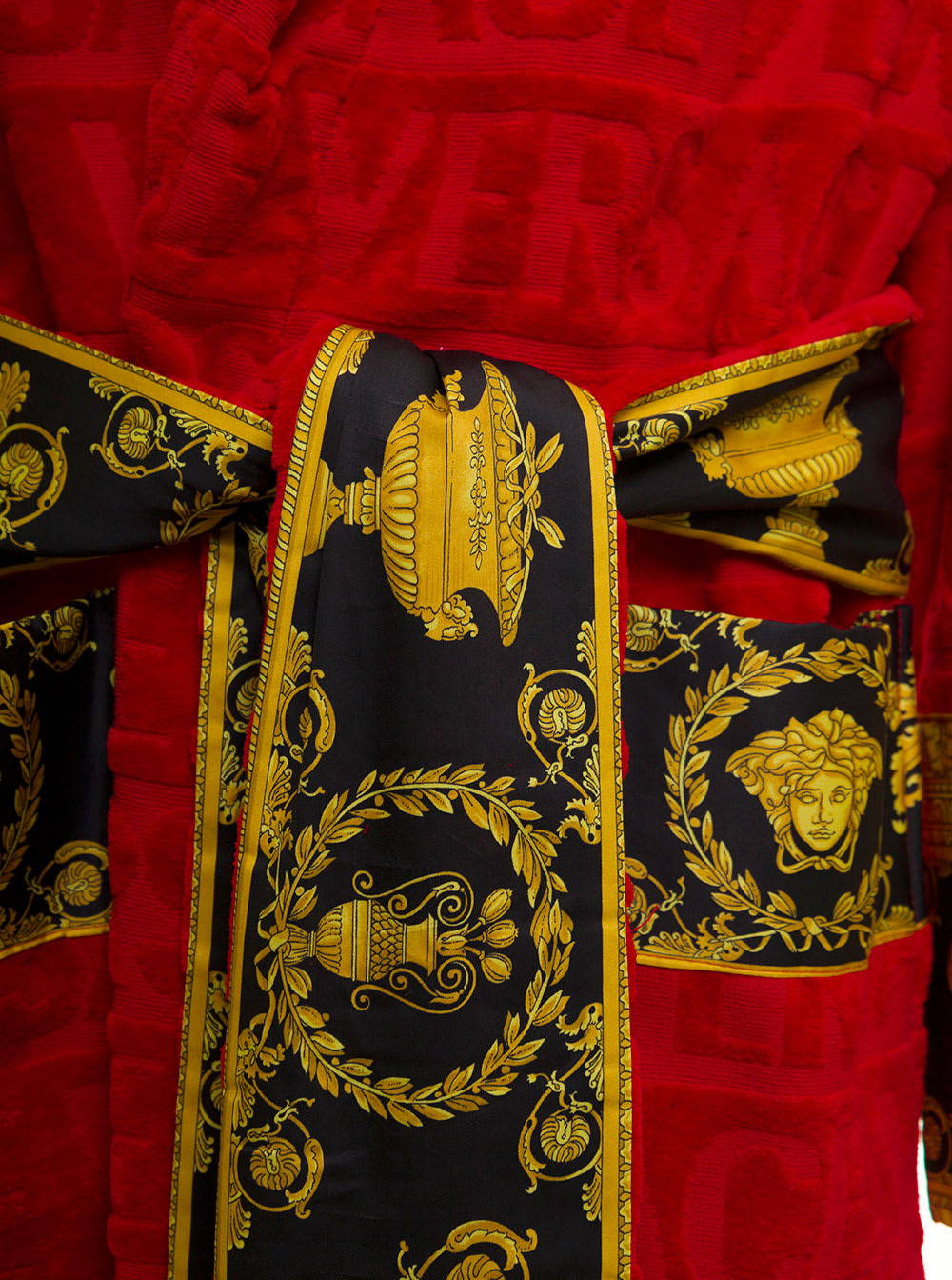 Versace Home's Red Terry Cotton Bathrobe With Baroque Detail