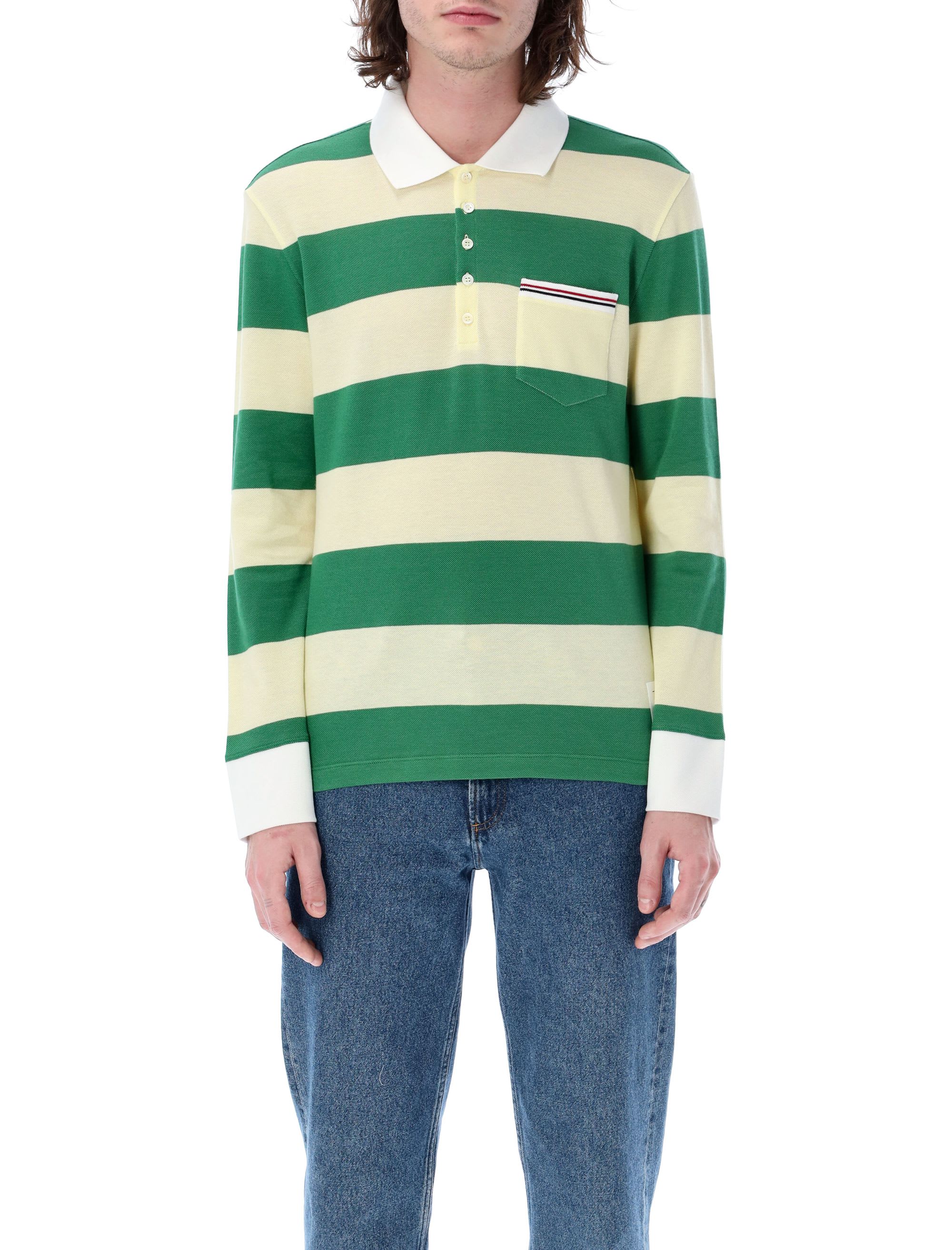 Thom Browne Long Sleeve Pocket Polo In Rugby Stripe Pique