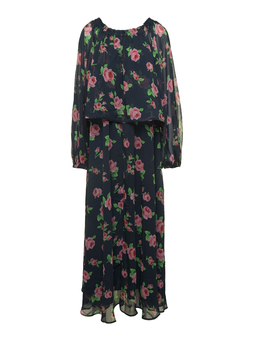 maxi multicolor dress with all-over roses print in chiffon woman