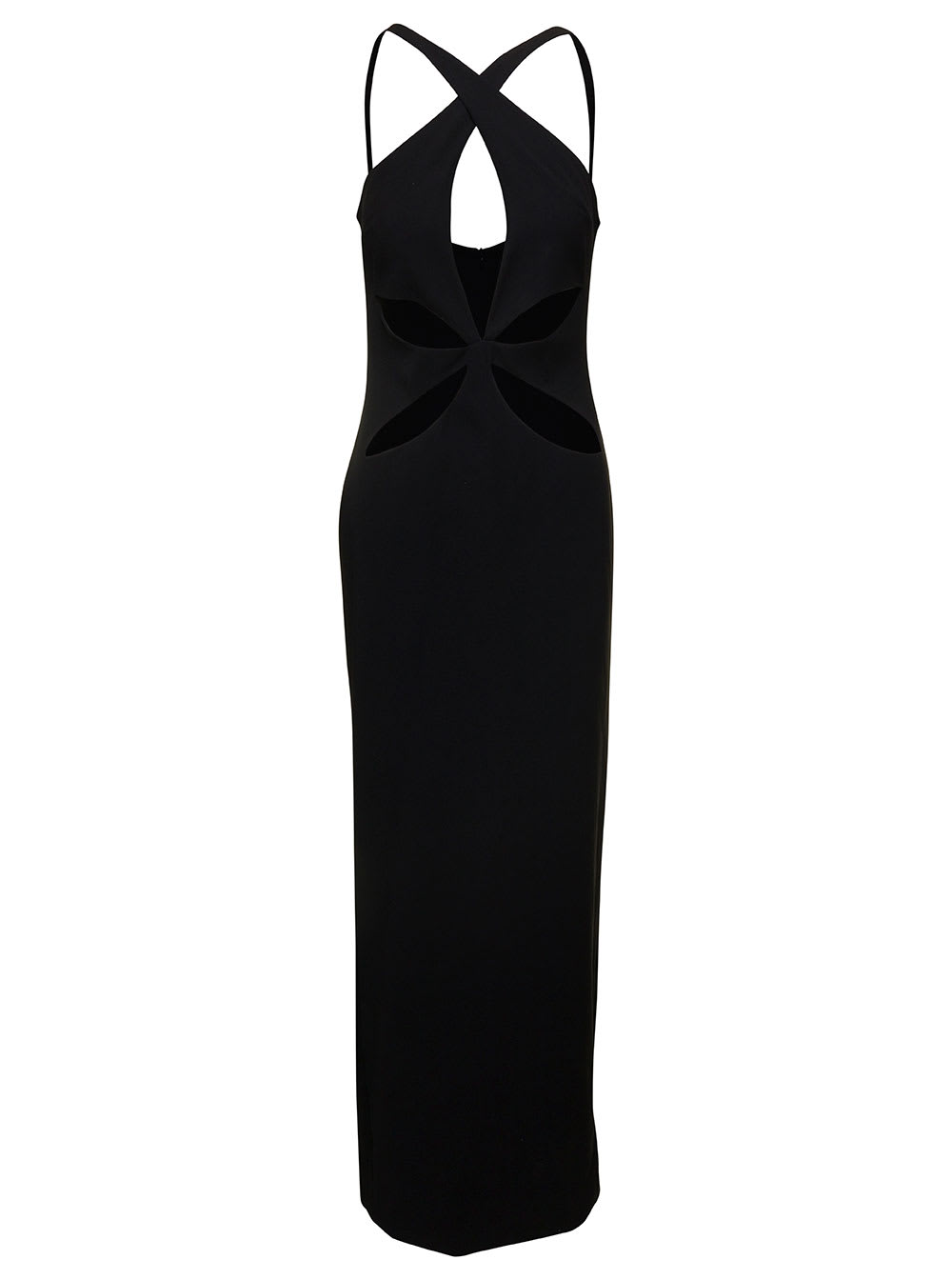 black halterneck petal cutout dress in tech fabric woman