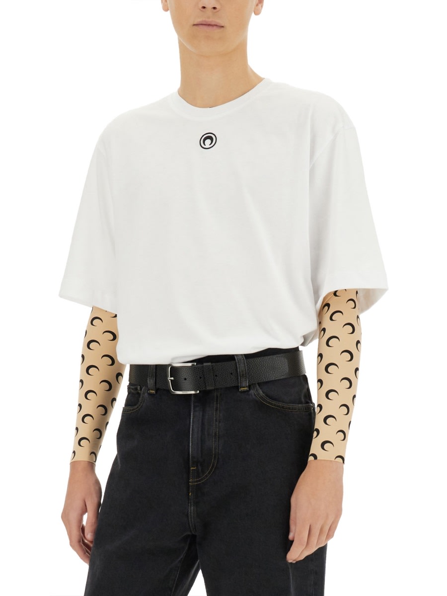 Tシャツ・カットソー MARINE SERRE SS25 (USI022A UWOV0045WH20) Moon Logo Ribbed Jersey Cut-Out T-Shirt • Marine Serre