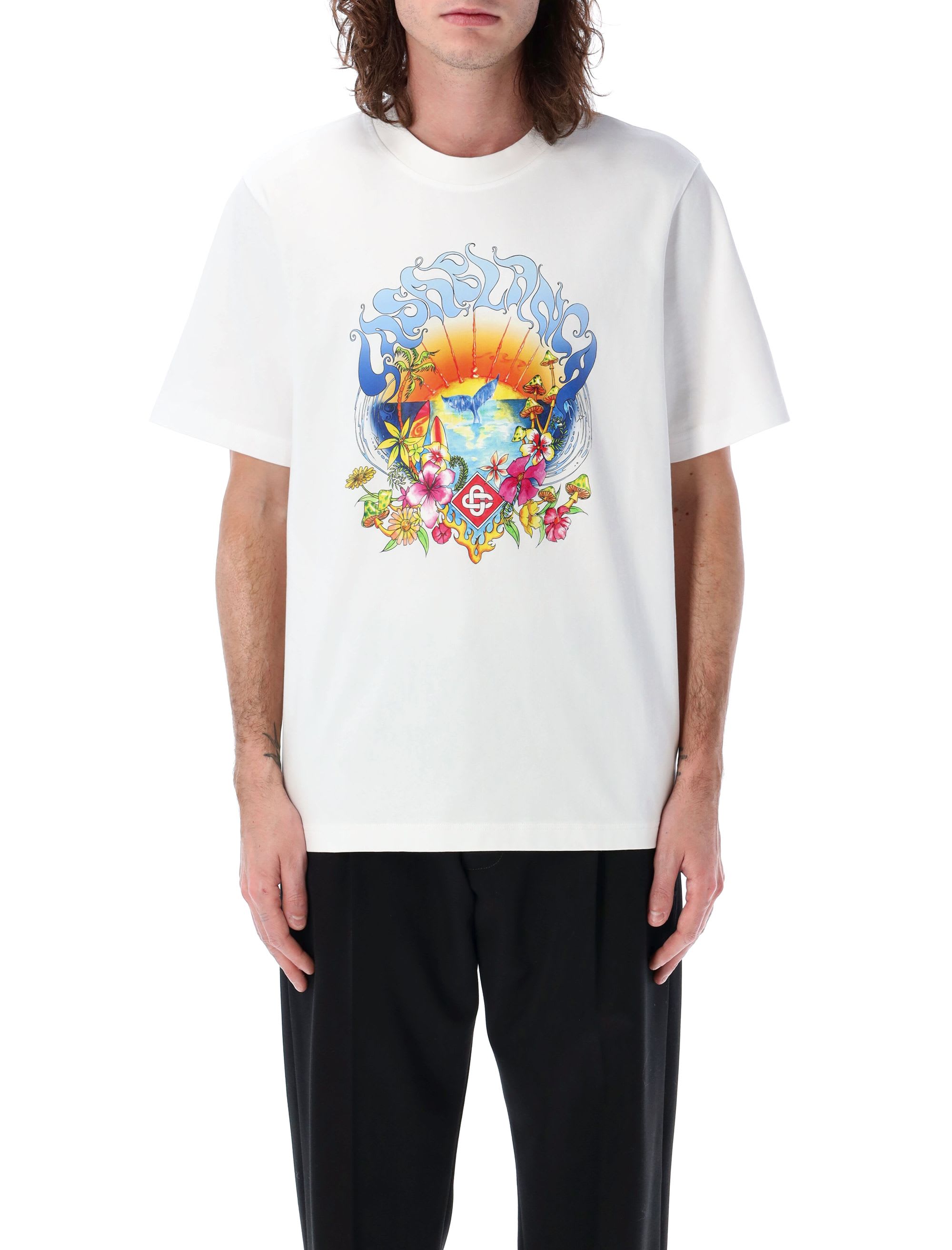 【関税送料込み】Casablancaサーフトリップクルーネック Tシャツ White Surf Trip T-shirt by Casablanca on Sale