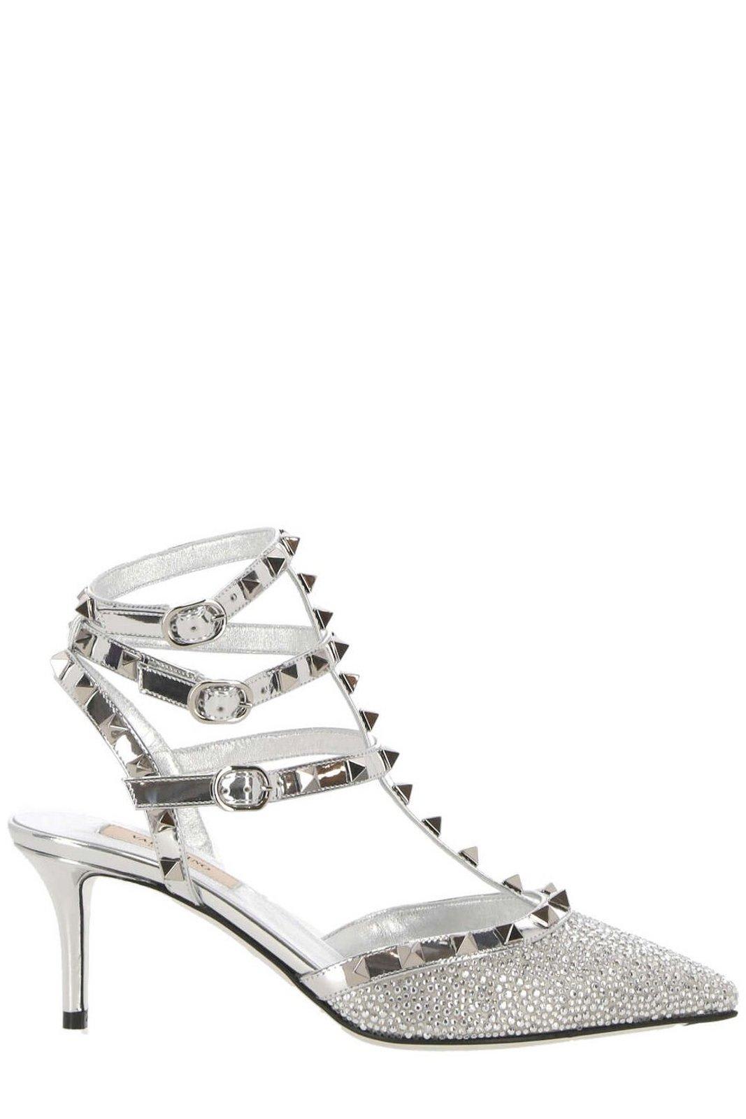 Valentino Rockstud City 90 Silver Stud T Ankle Strap Sandal Block Heel Pump 40.5