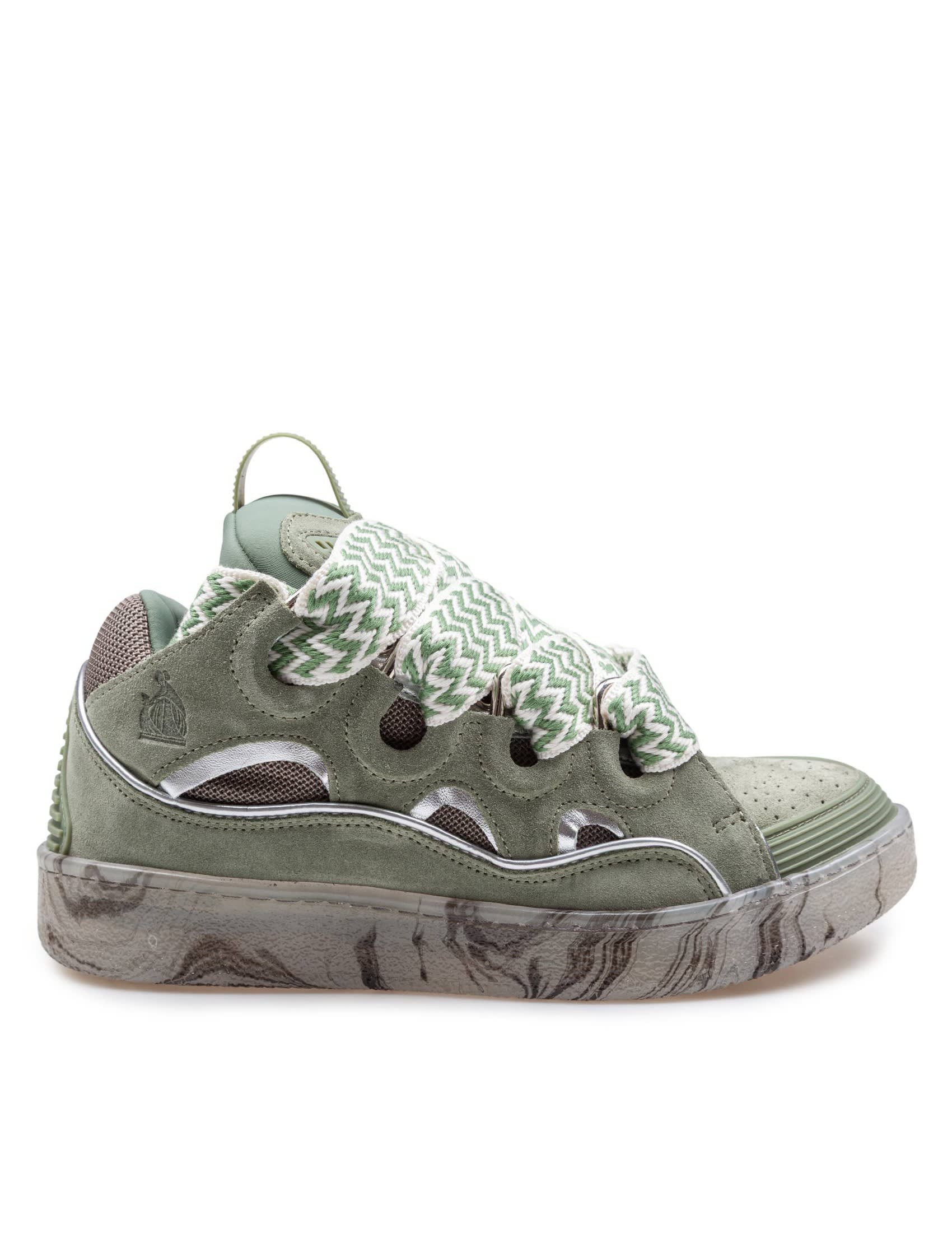 Lanvin Curb Sneakers In Leather And Mesh Colour Green