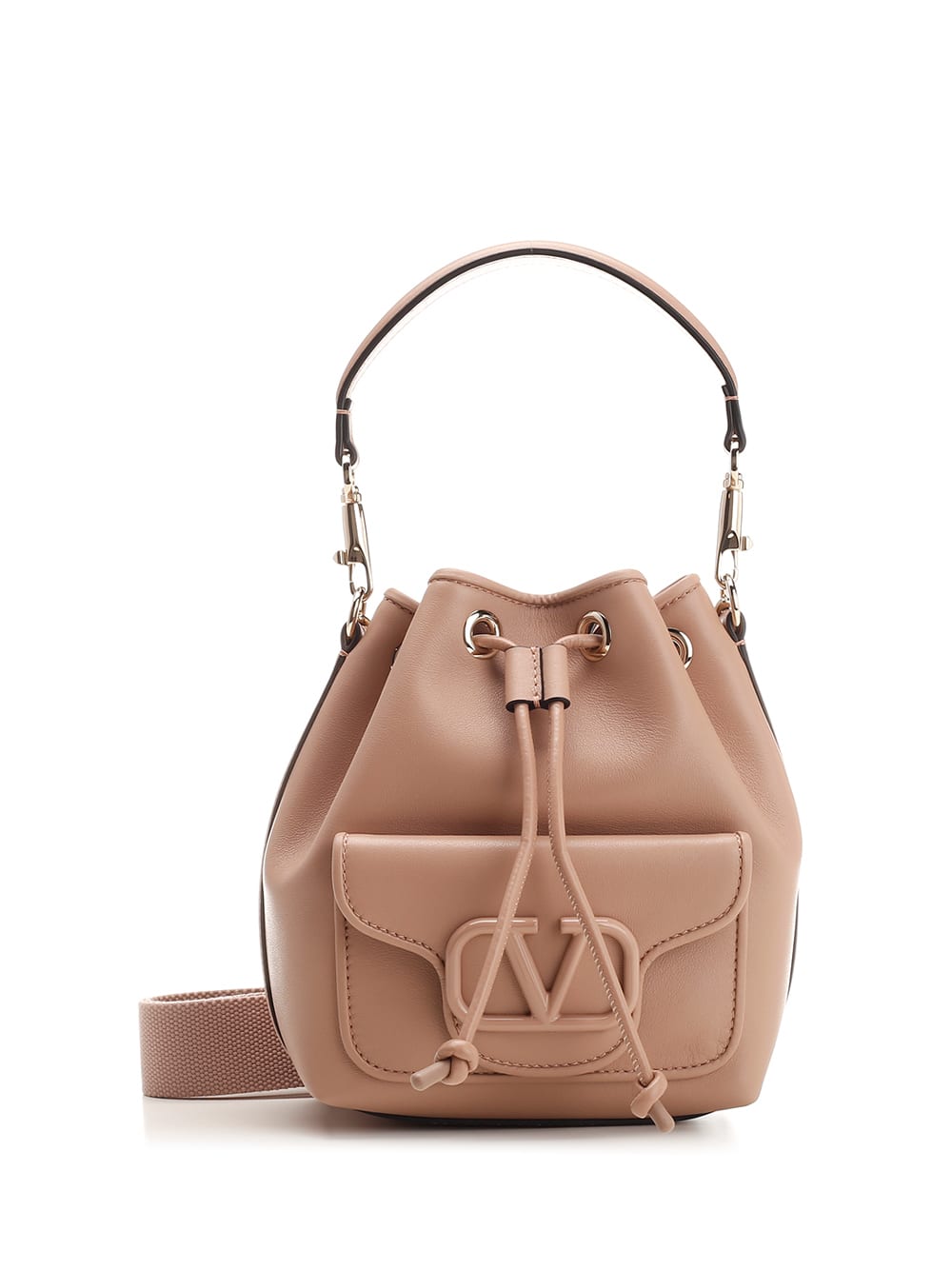 【関税&送料込】Valentino Garavani Beige Leather Bucket Bag Valentino Garavani - Rockstud Grainy Calfskin Bucket Bag in
