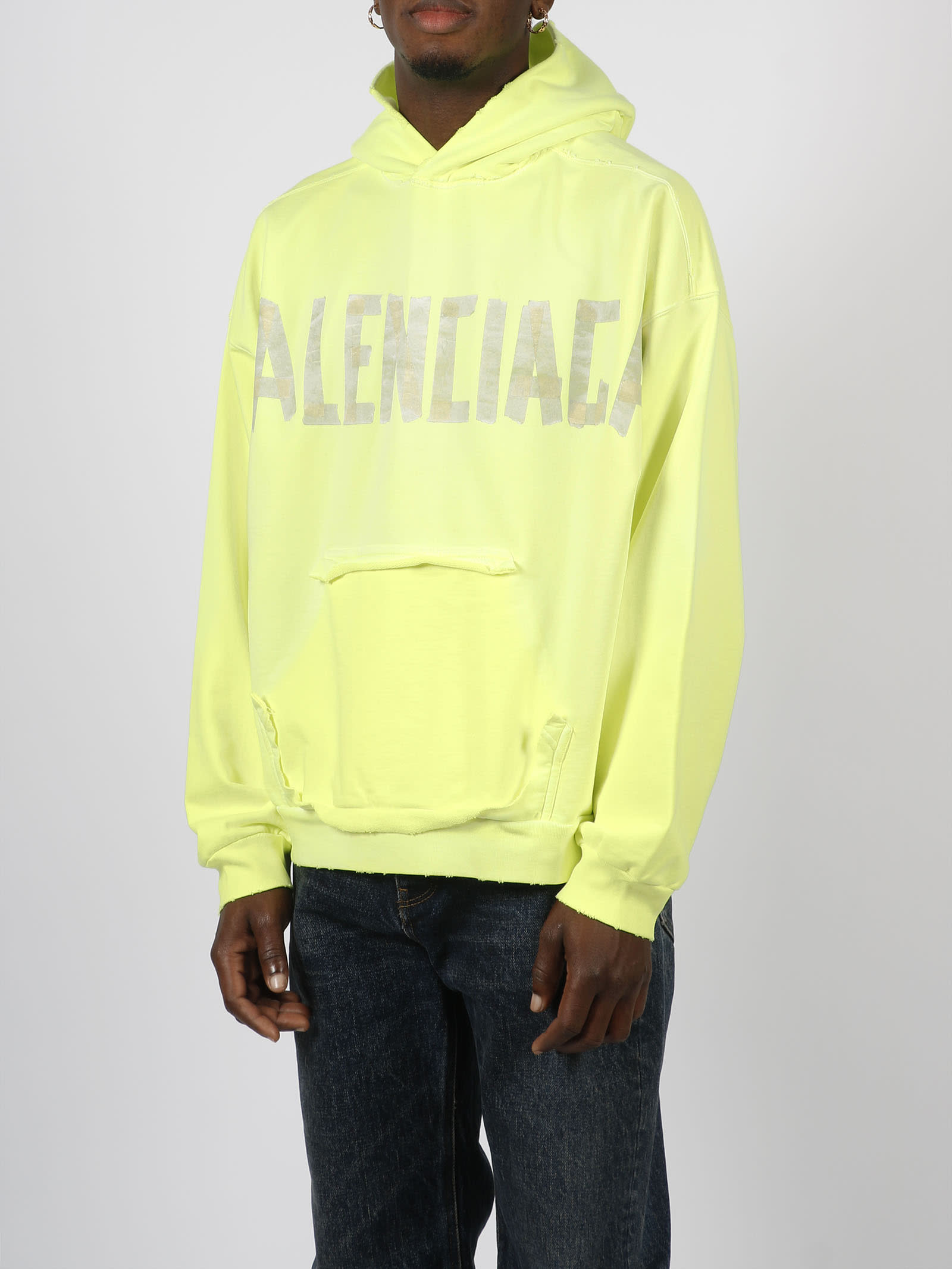 Balenciaga Men's Taped Logo Hoodie with Ripped Pocket