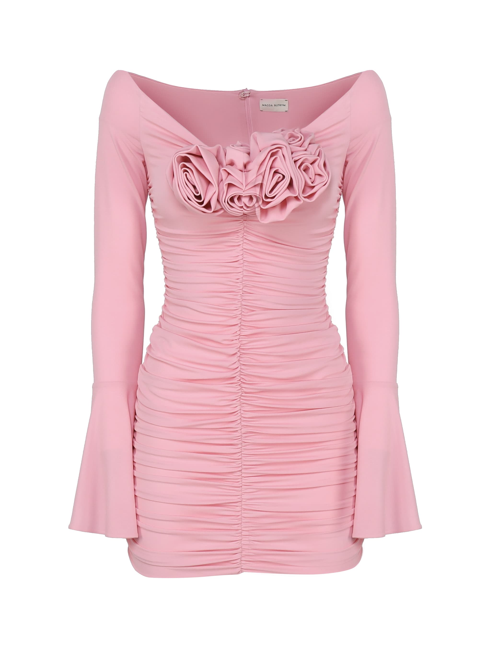 Magda Butrym Pink Mini Dress With Bell Sleeves And Gathered Roses