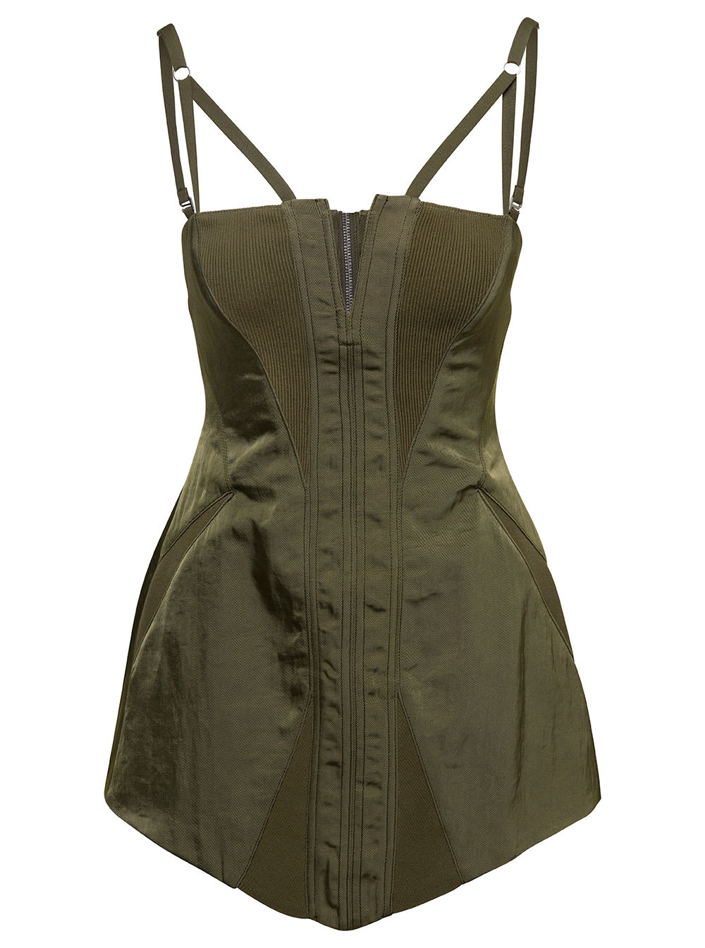 green sleeveless minidress with contouring panel construction in nylon woman