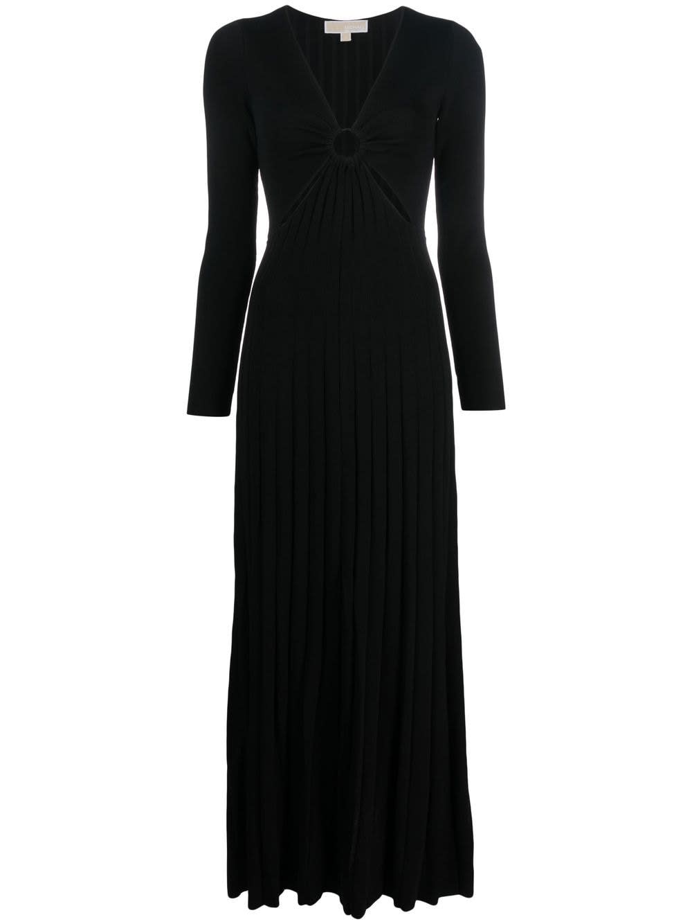 long pleated dress with ring and cut-out detail in viscose blend woman